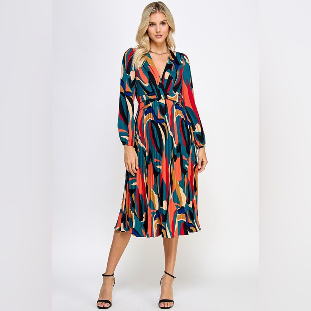 Abstract Multi-Color V-Neck Midi Dress in Teal & Orange